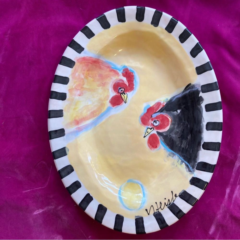 Handmade Large Ceramic  Chickens With Egg Platter Original Design 15”x11”